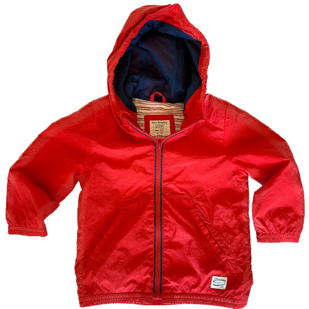 Zara Baby Outerwear Nylon Cotton Blend Red Windbreaker Zip Front Hooded Jacket 2